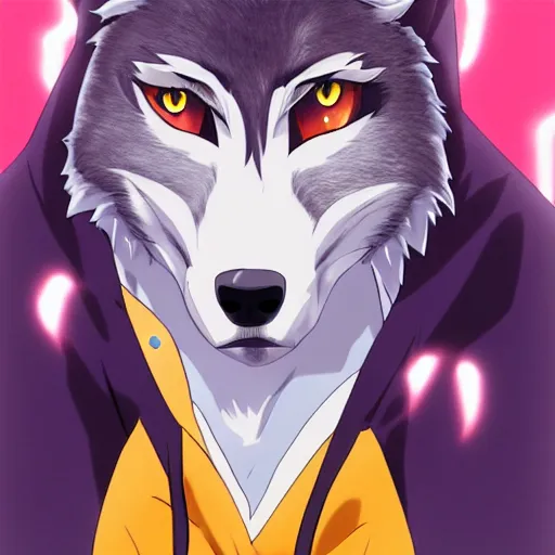 Image similar to key anime visual portrait of a handsome male anthro wolf furry fursona with beautiful eyes, wearing a hoodie, official modern animation