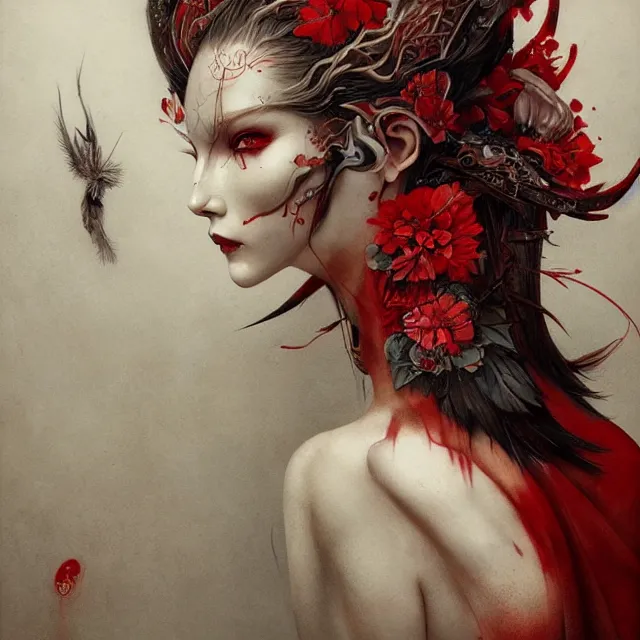 Image similar to ultra realistic illustration, beautifulwoman dressed in red kimono, backview, tattoos, in the style of peter mohrbacher by weta digital and beth cavener, high face symmetry, intricate, masterpiece, award winning, high face symmetry, intricate