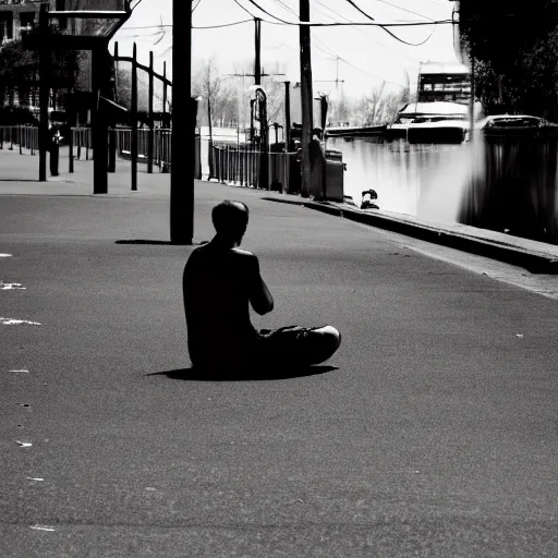 Prompt: a picture of a shadowy figure sitting on pavement deep underwater, godrays, black-and-white, 35mm