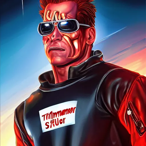 Prompt: an oil painting of the terminator wearing a mcdonald worker outfit, by artgerm, hd, hdr, ue 5, ue 6, unreal engine 5, realistic anime 3 d style, cinematic 4 k wallpaper, 8 k, ultra detailed, gta cover art, high resolution, artstation, award winning