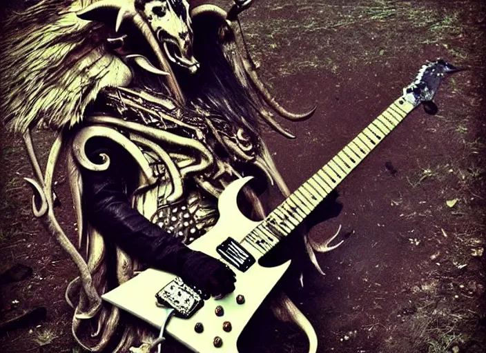 Prompt: metal guitar, goat head, satanic, Guitar, crazy guitar, heavy metal guitar design