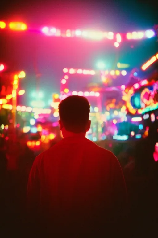 Prompt: agfa vista 4 0 0 photograph of a guy standing in the middle of a carnival, back view, synth vibe, vaporwave colors, lens flare, moody lighting, moody vibe, telephoto, 9 0 s vibe, blurry background, grain, tranquil, calm, faded!,