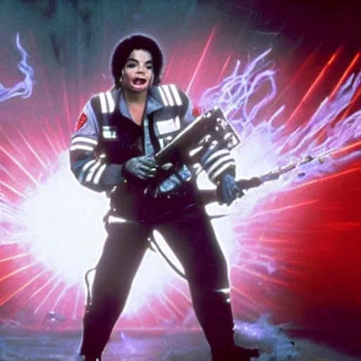 Prompt: stunning awe inspiring michael jackson playing a ( ghostbuster ) in the movie ghostbusters, movie still 8 k hdr atmospheric lighting