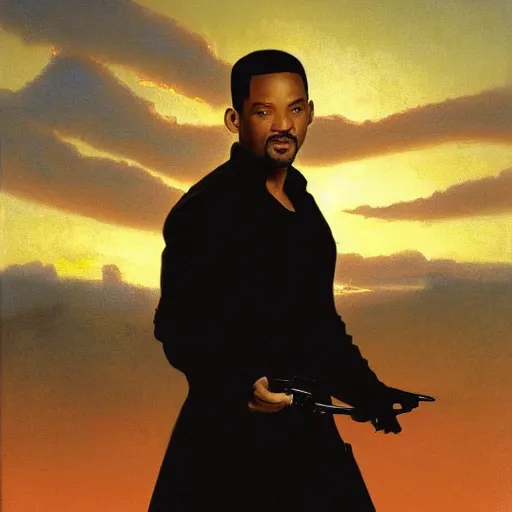 Image similar to Painting of Will Smith as Neo in The Matrix. Art by william adolphe bouguereau. During golden hour. Extremely detailed. Beautiful. 4K. Award winning.