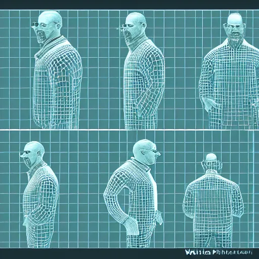 Image similar to 3 d modelling reference of walter white video game character. free download for artists. front and side view blueprint.