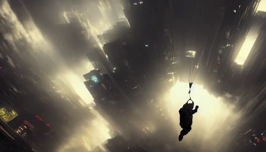 Image similar to man parachuting into a dark cyberpunk city through clouds, volumetric lighting, dystopia, artstation, concept art, painting