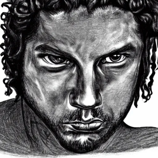 Image similar to zach de la rocha, portrait, face of medusa head, greek, drawing