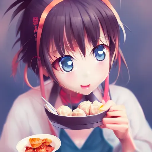 Prompt: happy cute anime girl eats dumplings, concept art, trending on artstation, highly detailed, intricate, sharp focus, digital art, 8 k