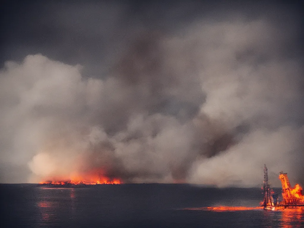 Image similar to “photography of oil rig on fire , fog, night, mood, atmospheric, full of colour, digital photography”