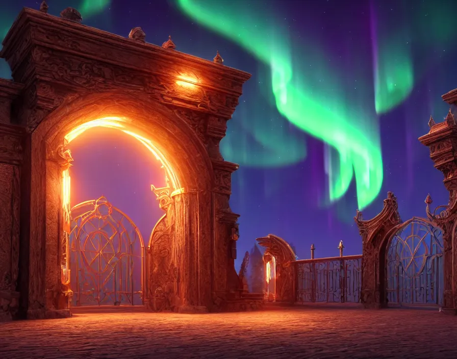 Prompt: a very detailed concept art of intricate and well designed magical gates infused with aurora borealis, dynamic lighting, trending on artstation, path traced, highly detailed, high quality, digital art, 4 k, hyper realistic, octane render, sharp focus