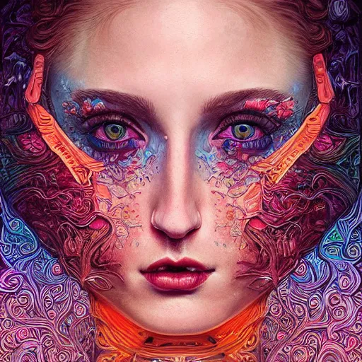 Image similar to portrait of sophie turner, hyper detailed masterpiece, neon floral pattern, jean giraud, digital art painting, darkwave goth aesthetic, psychedelic, artgerm, donato giancola and tom bagshaw