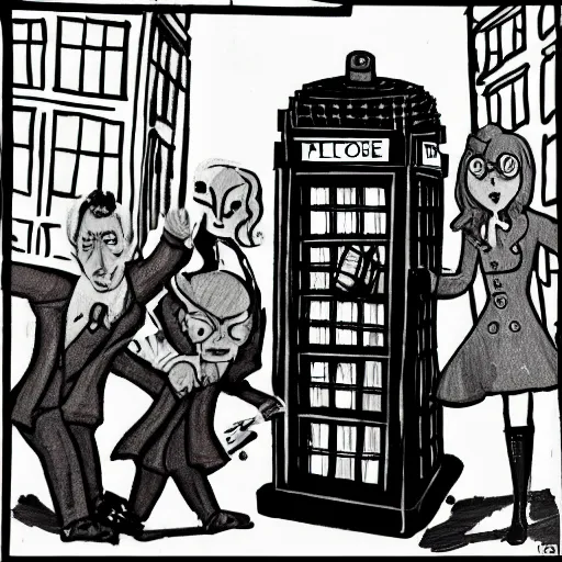 Prompt: doctor and daleks in one team, fighting against amy, in front for a telephone box in london, very detailed and artistic