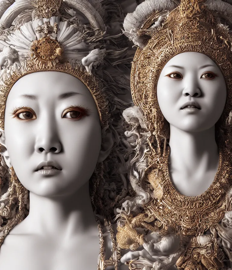 Image similar to hyper realistic portrait photo of ameterasu the sun goddess of japan, portrait shot, porcelain white face, intricate detail, octane render