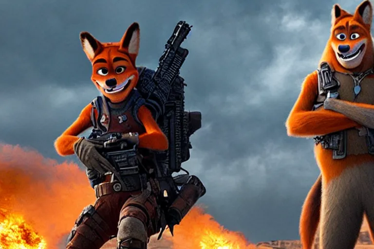 Image similar to nick wilde, heavily armed and armored facing down armageddon in a dark and gritty reboot from the makers of mad max : fury road