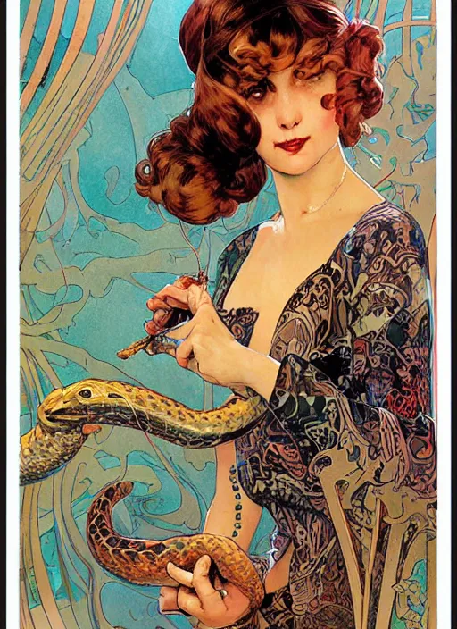 Prompt: an art nouveau copic maker illustration of a russian girl holding a snake by kilian eng, john berkey and norman rockwell