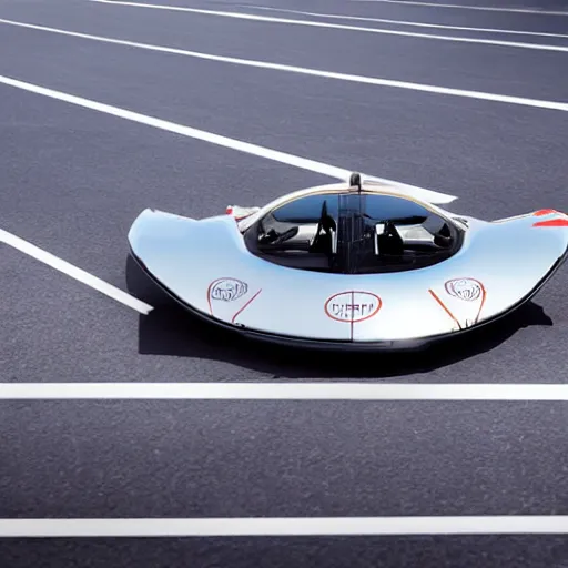 Image similar to bugatti hovercraft hovering above road, solar punk product photo
