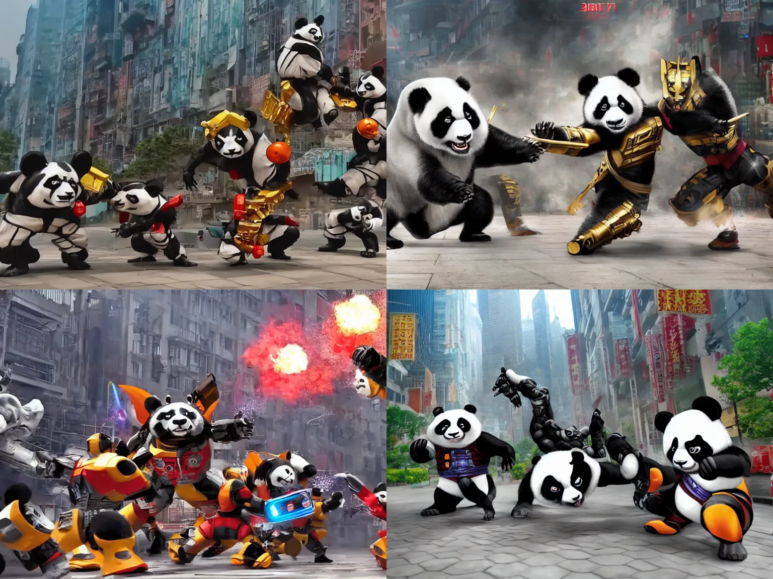 Prompt: KungFu Pandas fight with Decepticon Transformers in Shanghai, 4k, cinematic