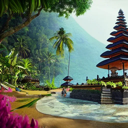 Image similar to A beautiful, perfect, impressive, amazing concept art digital CG painting of a place in Bali, trending on ArtStation, Unreal Engine