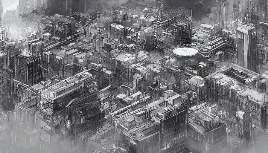 Prompt: Concept Art Illustration of neo-Tokyo Bank Headquarters, in the Style of Akira, Syndicate Corporation, Anime, Dystopian, Highly Detailed, Helipad, Special Forces Security, Blockchain Vault, Searchlights, Shipping Docks, For Stealth fps bank robbery sim, Inspired by MGS2 + Ghost in the shell SAC + Cowboy Bebop :2 by Katsuhiro Otomo : 8