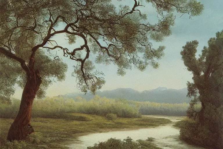 Image similar to painting of a old tree next to a meandering river by alexei savrasov