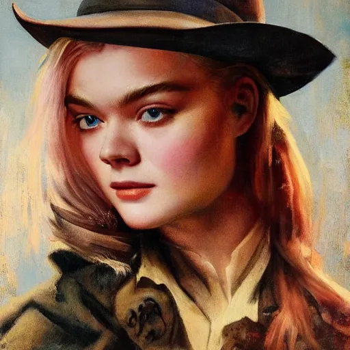 Image similar to ultra realistic portrait painting of elle fanning as a western outlaw, art by frank frazetta and bosch, 8 k, ultra realistic, highly detailed, epic lighting, dark vibes, vintage levi ’ s ad,