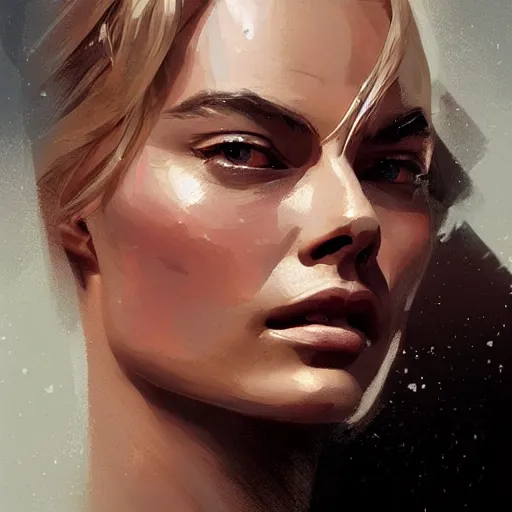 Image similar to “Portrait of Margot Robbie by Greg Rutkowski, young, attractive, highly detailed portrait, scifi, digital painting, artstation, concept art, smooth, sharp foccus ilustration, Artstation HQ”