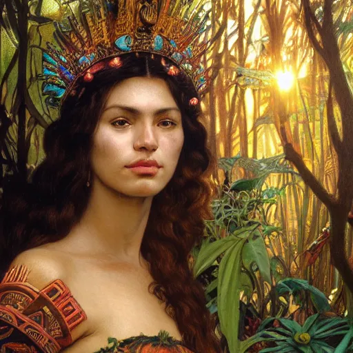 Image similar to face portrait of a beautiful alluring female aztec queen in a dense jungle at sunset, detailed, centered, digital painting, artstation, concept art, donato giancola, Dante Gabriel Rossetti, alphonse mucha, Joseph Farquharson, Joseph Christian Leyendecker, WLOP, Boris Vallejo, Breathtaking, 8k resolution, extremely detailed, beautiful, establishing shot, artistic, hyperrealistic, beautiful face, octane render