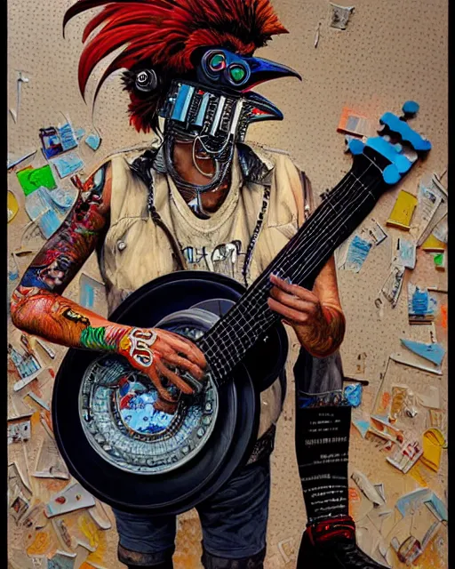 Image similar to a portrait of an anthropomorphic cyberpunk rooster strumming a banjo by sandra chevrier, by jon foster, detailed render, tape deck, epic composition, cybernetics, 4 k realistic, cryengine, realistic shaded lighting, sharp focus, masterpiece, by enki bilal