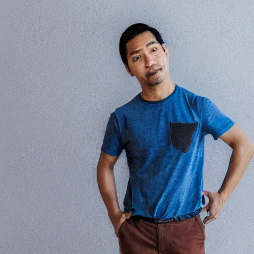 Prompt: a hawaiian filipino portuguese man with dark brown hair and brown eyes wearing a dark gray shirt and blue pants, photorealistic imagery, self - portrait, 4 k, 8 k