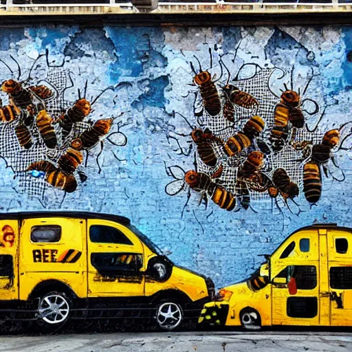 Image similar to bees attack bee hive, street art, twin towers,