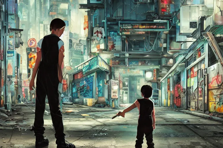 Prompt: a highly detailed contemporary painting of a tiny boy in a Jumpsuit standing in a dark alley, abandoned buildings with graffiti, a nightclub with neon sign, menacing skyline by Studio Ghibli, Makoto Shinkai, by Artgerm, by WLOP, by Greg Rutkowski, volumetric lighting, cyberpunk, octane render, 4K resolution, trending on artstation, masterpiece