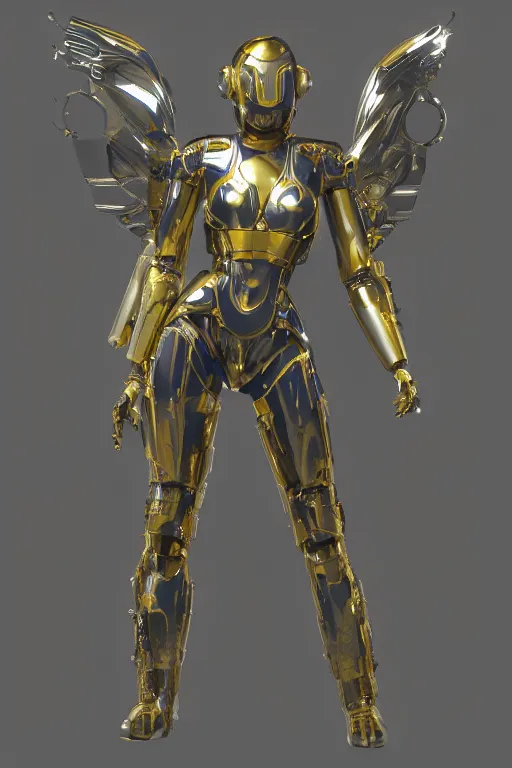 Image similar to maria of metropolis, humanoid robot, golden full body armor, deployed wings, beautiful helmet in the shape of a face, glowing yellow eyes, scifi, futuristic, raytracing, glowwave, sharp focus, cinematic lighting, artstation, divine, unreal engine 5 rendered, by fritz lang, art style by pixar warner bros dreamworks disney riot games and overwatch