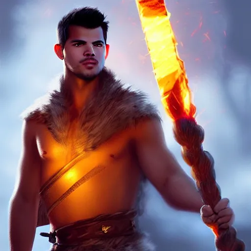 Prompt: Taylor Lautner wearing a barbarian tunic holding a glowing fire magical staff. Trending on Artstation, octane render, ultra detailed, art by Ross tran