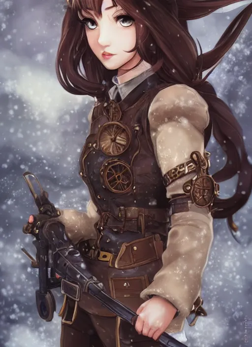 Image similar to girl with steampunk weapons and uniform, serious, intense, finely detailed, made by artgerm, ross tran, full body portrait, illustration, snow, snowing, cloudy, anime, side view, perfect anime face, realistic face, zoomed out, smooth, brown eyes, high waisted shorts