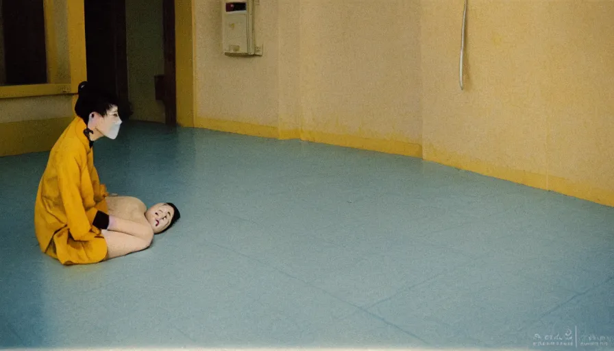 Image similar to 60s movie still of a white japanese female phantom bloody in an empty soviet stalinist style hospital with yellow tiles floor with light blue beds, cinestill 800t 35mm technicolor, heavy grain, high quality, higly detailed, liminal space