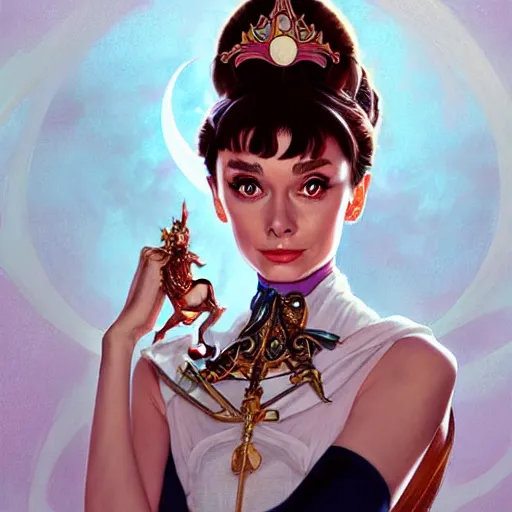 Image similar to Audrey Hepburn as Sailor Moon, western, D&D, fantasy, intricate, elegant, highly detailed, digital painting, artstation, concept art, matte, sharp focus, illustration, art by Artgerm and Greg Rutkowski and Alphonse Mucha