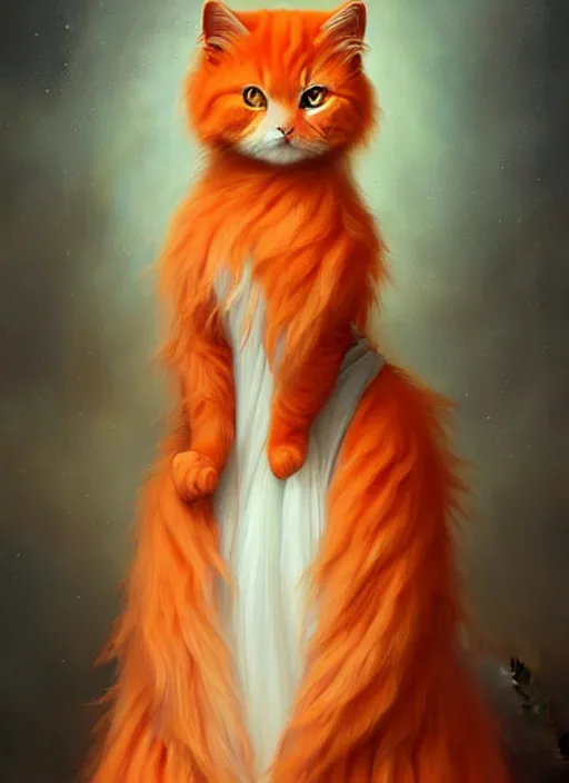 Prompt: a beautiful orange fluffy cat with baroque dress, painted by artgerm and tom bagshaw, fantasy art, dramatic lighting, highly detailed oil painting