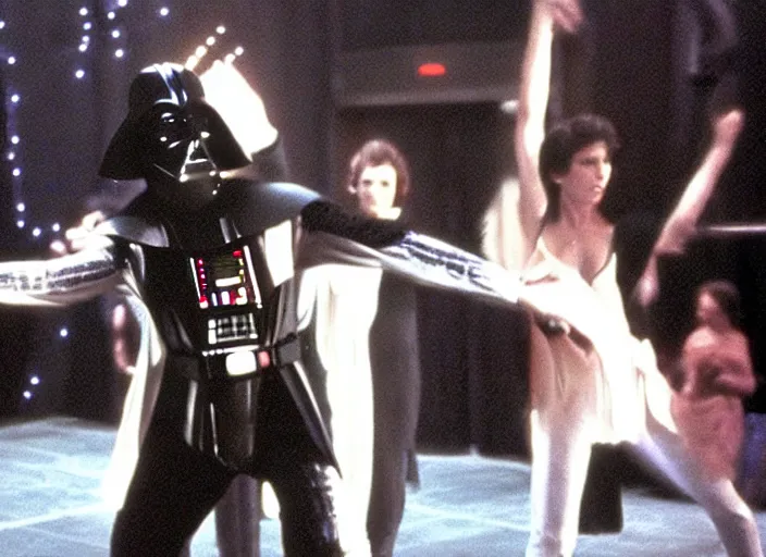 Prompt: film still of Darth Vader dancing as Tony Manero in Staying Alive 1983,