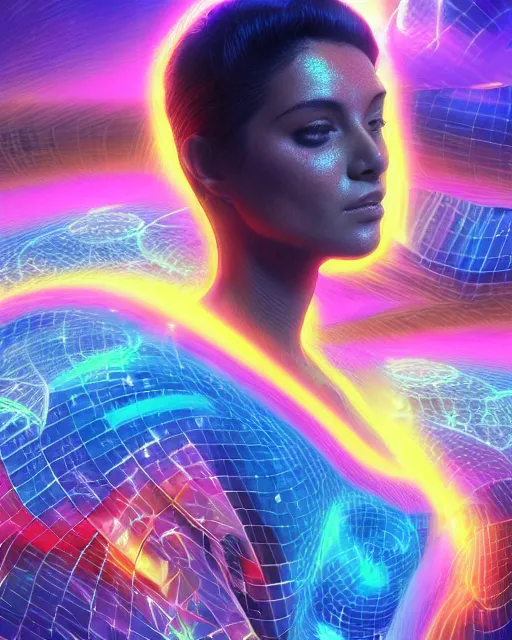 Image similar to a powerful energy psychedelic matrix latin woman, by alexander fedosav, hyper detailed digital matte painting, concept art, hyperrealism, 1 6 k resolution, cinema 4 d, 8 k resolution, trending on artstation, behance hd, a masterpiece, by stephan martiniere, particles, cel - shaded, power bright neon energy, by david a. hardy