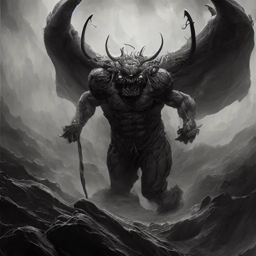 Image similar to full body, grayscale, muscled humanoid balrog demon, horns, claws, large horned tail, heroic pose, swirling flames, Sorie Kim, Gustave Dore, Greg Rutkowski,