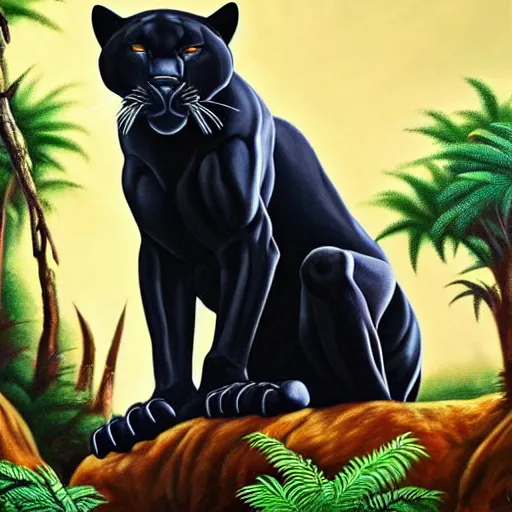 Prompt: oil on canvas of one beautiful majestic black panther. beautiful. mysterious. intricately detailed. meticulously rendered. background is a jungle. hd. trending on art station. h 7 6 8