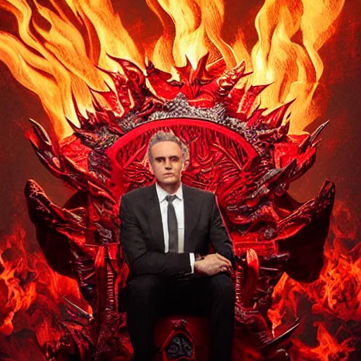 Image similar to jordan peterson seated on the throne of hell, highly detailed, fiery, red hues, lens flare