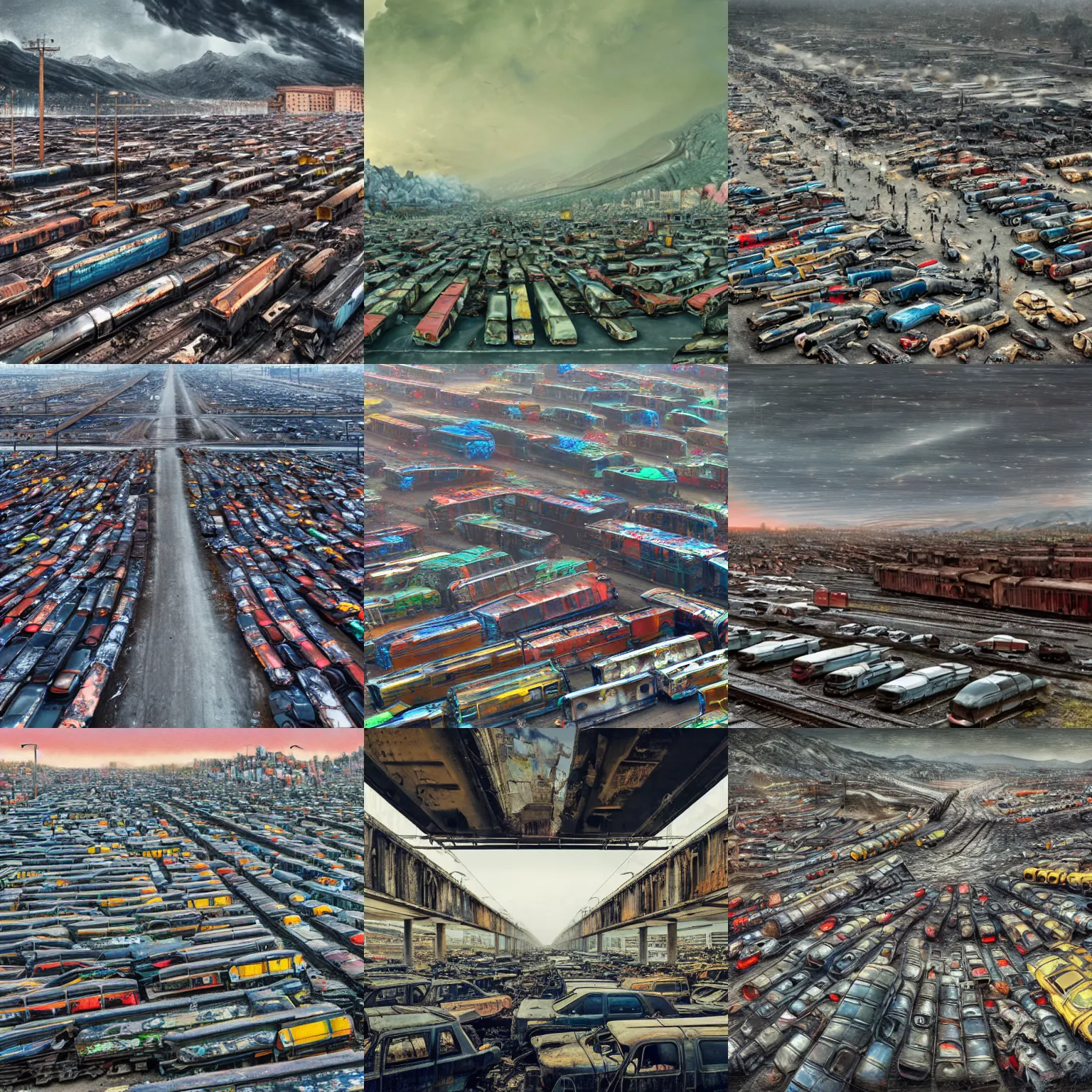 Prompt: a parking lot filled with lots of wrecked trains, a detailed matte painting by andreas gursky, shutterstock contest winner, neoplasticism, apocalypse landscape, cluttered, furaffinity