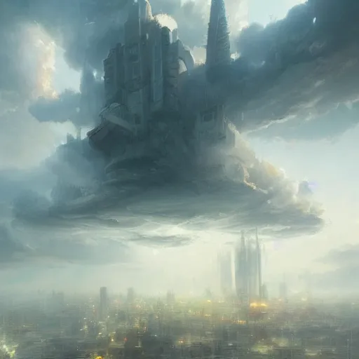 Image similar to A city suspended in the clouds , Greg rutkowski, Trending artstation, cinematográfica, digital Art