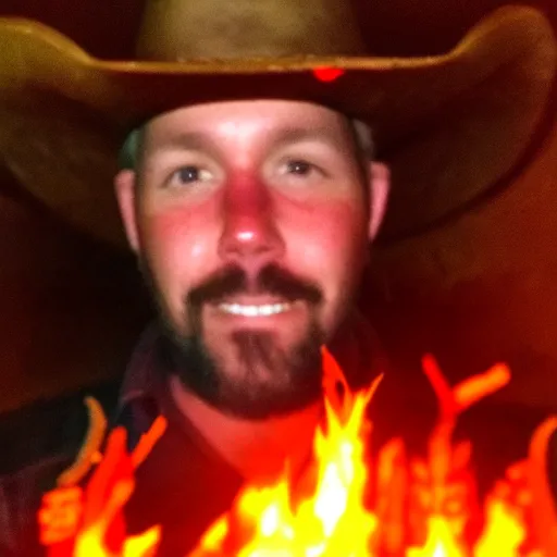Prompt: a selfie taken by a cowboy in hell, surrounded by fire