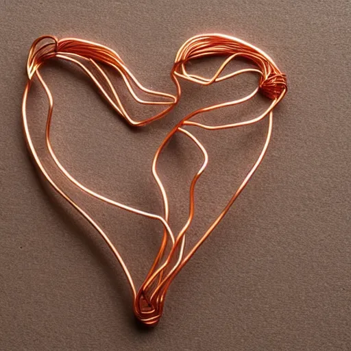 Image similar to a very beautiful tiny human heart organic sculpture made of copper wire and threaded pipes, very intricate, curved. studio lighting, high resolution, high quality, black background