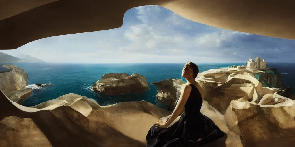 Prompt: beautiful oil matte portrait painting, modern house on top of a cliff designed by zaha hadid, wonderful masterpiece, highly detailed, beautiful cinematic light, deep focus, elegant, digital painting, smooth, sharp focus, golden ratio, dramatic illumination, ultra realistic, 8 k, art by artemisia lomi gentileschi and caravaggio