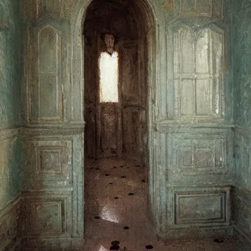 Prompt: haunted old villa, entry hall, oil painting, by Fernanda Suarez and Edgar Maxence and greg rutkowski