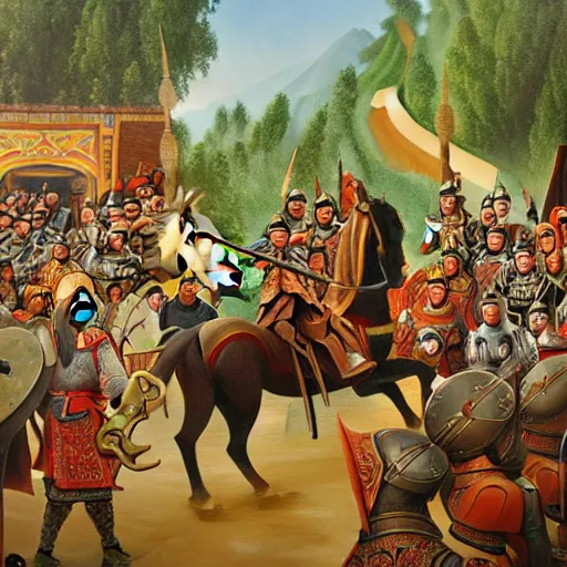 Image similar to genghis khan and his mongol horde ransacking modern day efteling, oil on canvas