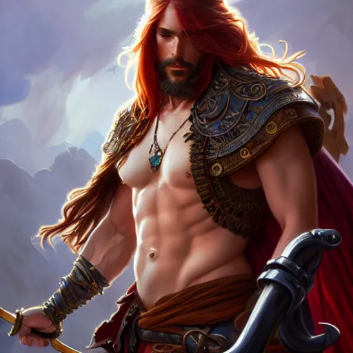 Image similar to full body shot of male pirate, D&D, handsome, amber eyes, muscular, fantasy, intricate, long hair, red hair, elegant, highly detailed, digital painting, artstation, concept art, smooth, sharp focus, illustration, art by artgerm and greg rutkowski and alphonse mucha